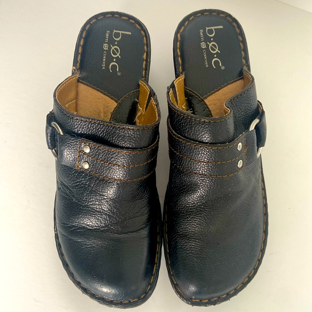 BOC Born Women Clogs Brown 100% Leather Stitched Wedged Slip On Mules Shoes 8/39